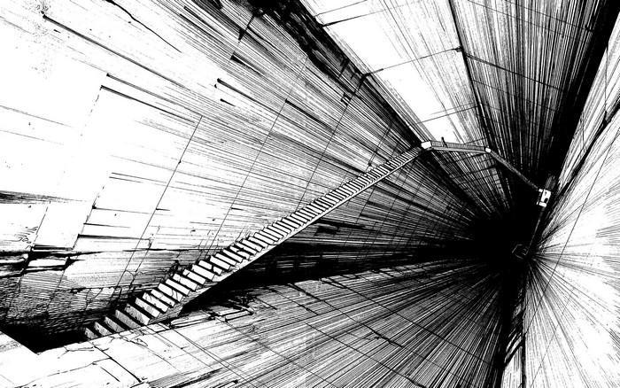 Monochrome stairs in a dark, abstract tunnel