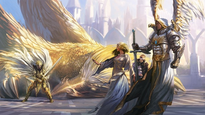 Fantasy art of angels and a dragon in a city
