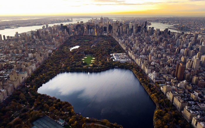 New York City Central Park with Lake and Skyline