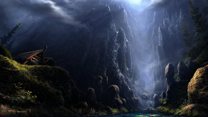 Fantasy mountain valley with ancient building and river