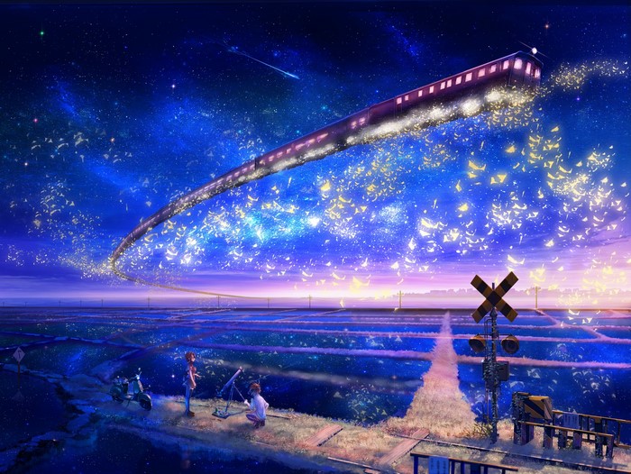 Anime train flying through starry sky over fields