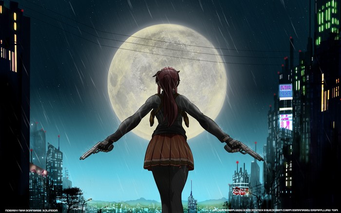 Revy from Black Lagoon with guns under the moon