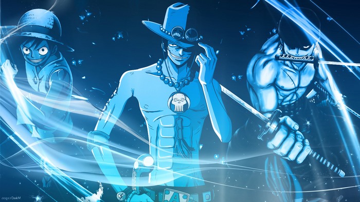 One Piece Trio: Luffy, Ace, and Zoro in Action Pose
