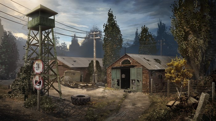 S.T.A.L.K.E.R. abandoned outpost with watchtower and buildings