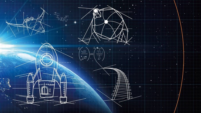 Space exploration blueprints over Earth