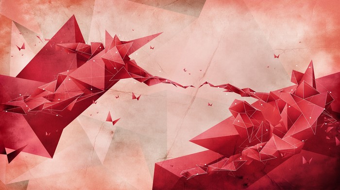 Red geometric abstract art with butterflies