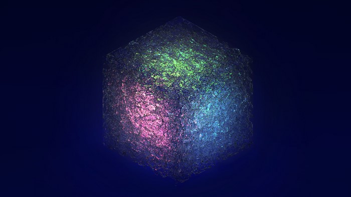 Abstract textured cube with colorful lighting