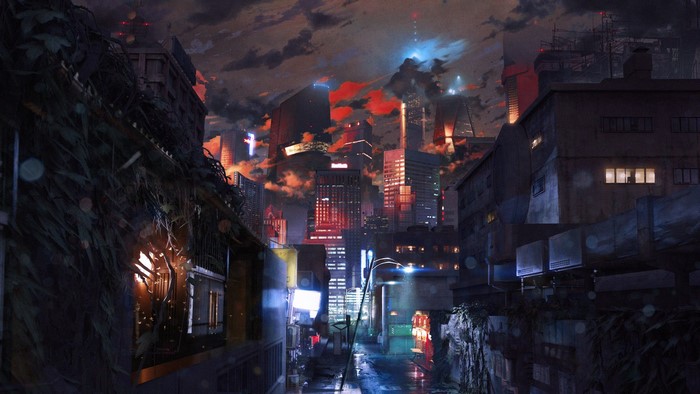 Cyberpunk city at night with glowing lights