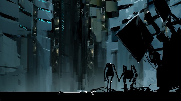 Two robots holding hands in a futuristic city