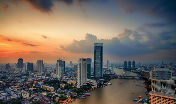 Bangkok Cityscape with River at Sunset