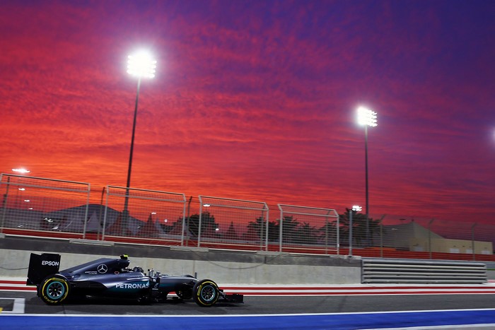 Nico Rosberg's Mercedes F1 car at sunset