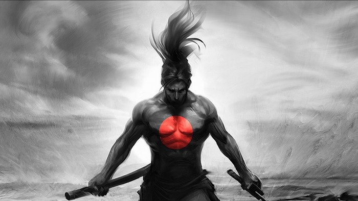 Samurai warrior with red sun symbol on chest
