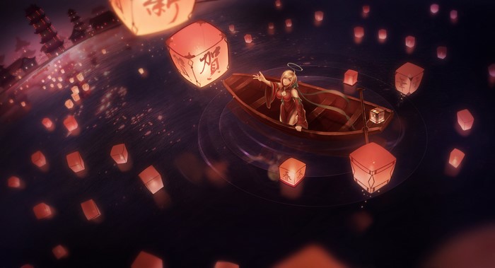 Girl in boat releasing sky lanterns