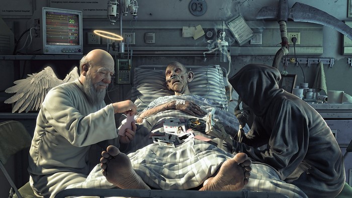 Angel and Death visit a dying man in a hospital room