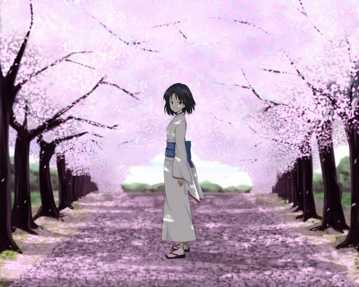 Ryougi Shiki from Kara no Kyoukai in Kimono under Cherry Blossoms