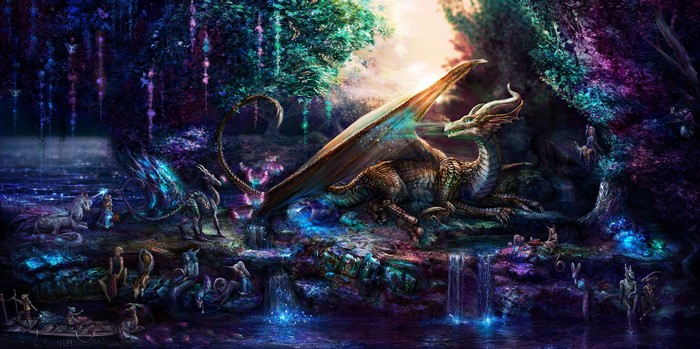 Dragon and mythical creatures in a magical forest