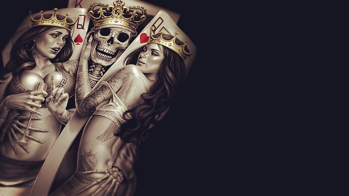 Skeleton and two queens with playing cards