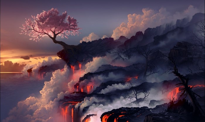 Fantasy landscape with cherry blossom tree and lava