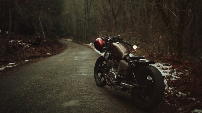 Motorcycle on a Winding Road in a Forest