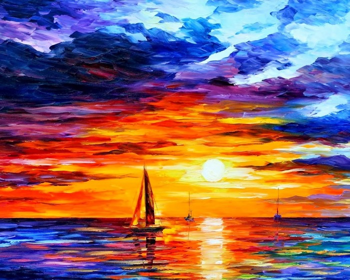 Colorful Sunset Sailboat Painting by Leonid Afremov
