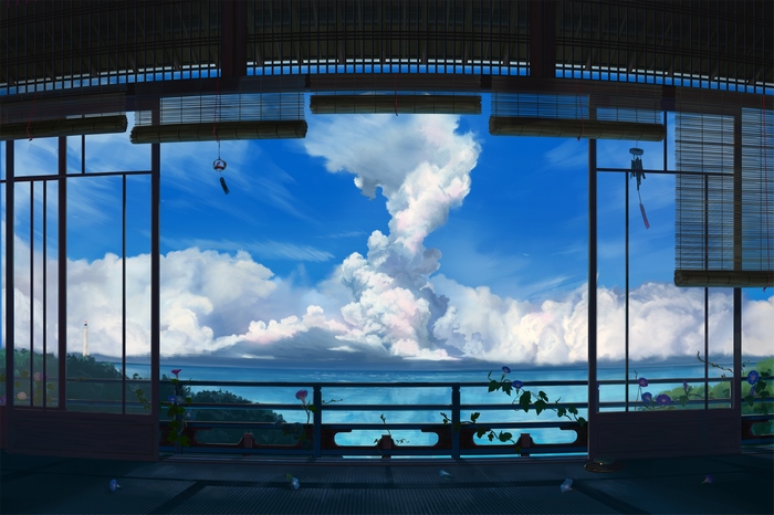 Anime scene with dramatic clouds over the ocean