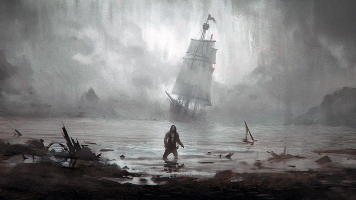 A lone man stands in the water near a wrecked pirate ship.