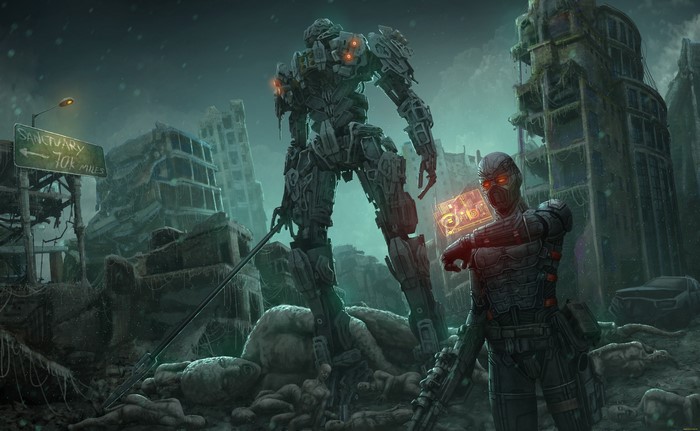 Giant robot and soldier in a ruined city
