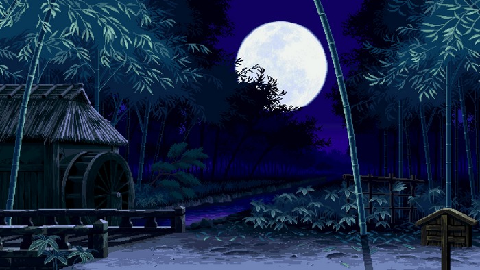 Pixel art night scene with bamboo, moon, and watermill
