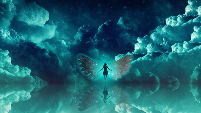 Silhouette of an angel with starry wings reflected in water