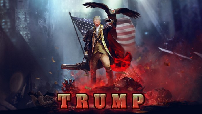 Donald Trump as a historical figure with an eagle and a gatling gun