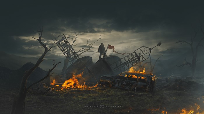 Post-apocalyptic scene with a lone figure and burning car