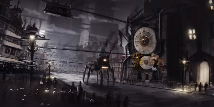 Steampunk city with mechanical spider and clock tower