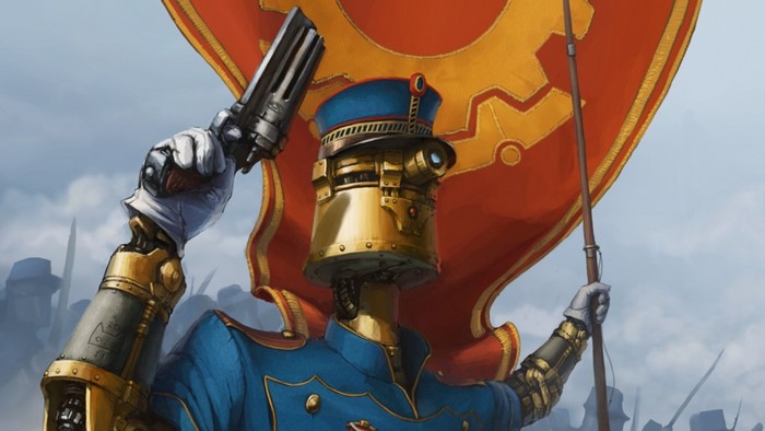 Steampunk robot in uniform holding a gun and flag