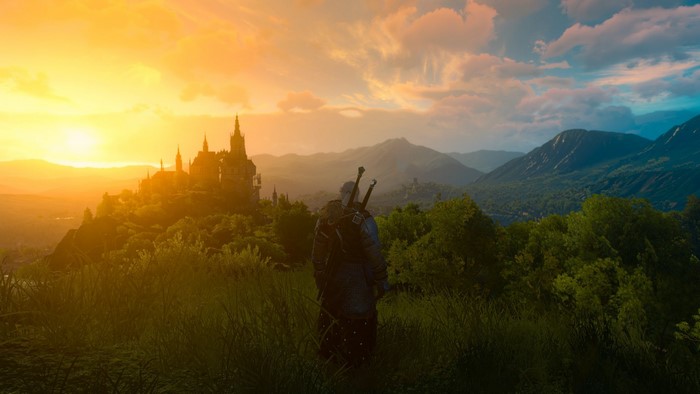 Geralt of Rivia from The Witcher 3 Wild Hunt at sunset