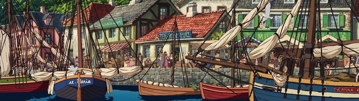 Port town with boats and buildings, Studio Ghibli Howl's Moving Castle