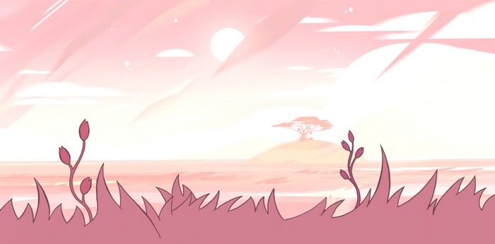 Steven Universe cartoon landscape with pink grass and sky