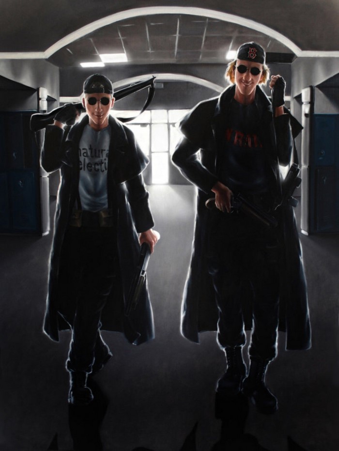 Two men with guns in a hallway