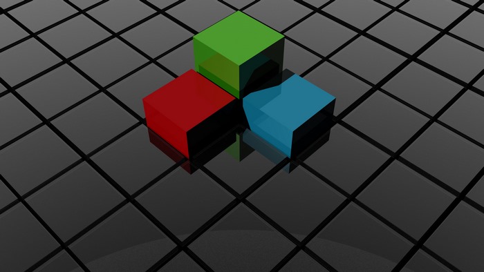 Three colored cubes on a grid
