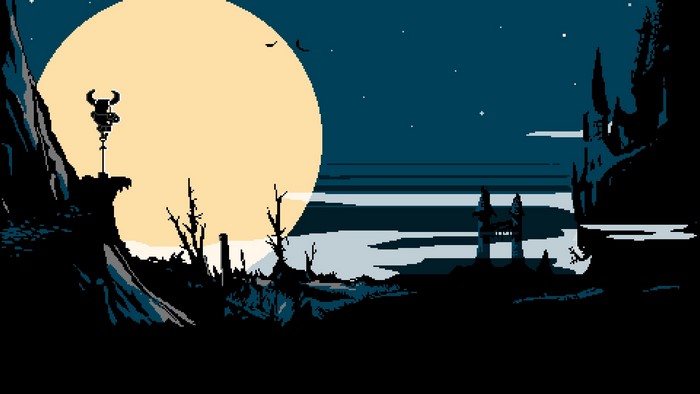 Shovel Knight on a cliff under a large moon