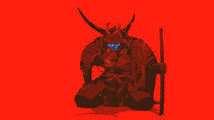 Samurai warrior with blue mask and sword