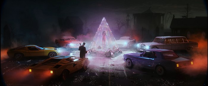 Retro cars and woman in pyramid in graveyard