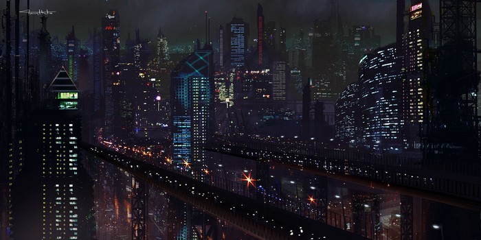 Futuristic city skyline at night