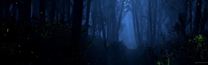 Mysterious dark forest with fireflies