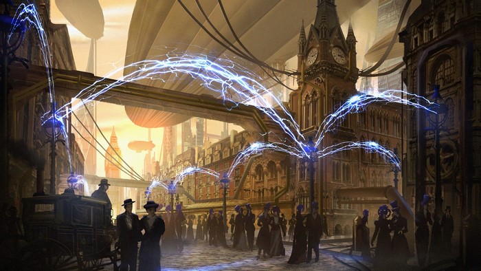 Steampunk city street with electrical arcs and airships