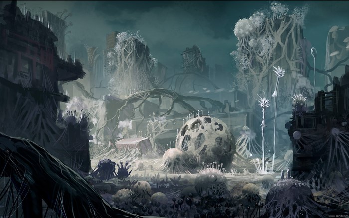 Apocalyptic ruins overgrown with strange flora