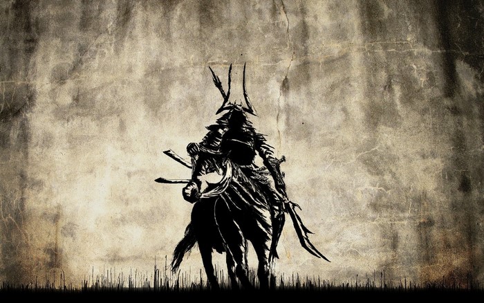 Samurai warrior on horseback with swords