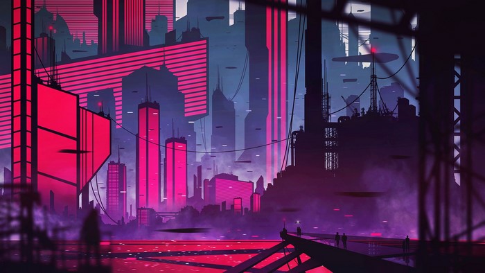 Futuristic cityscape with neon pink skyscrapers
