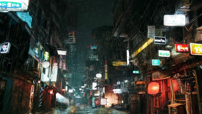 Cyberpunk city street in the rain with neon lights
