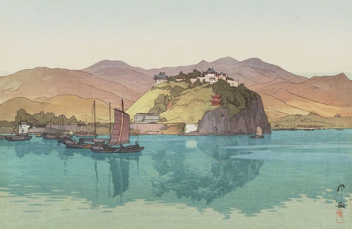 Japanese Artwork of a Harbor with Boats and Mountains