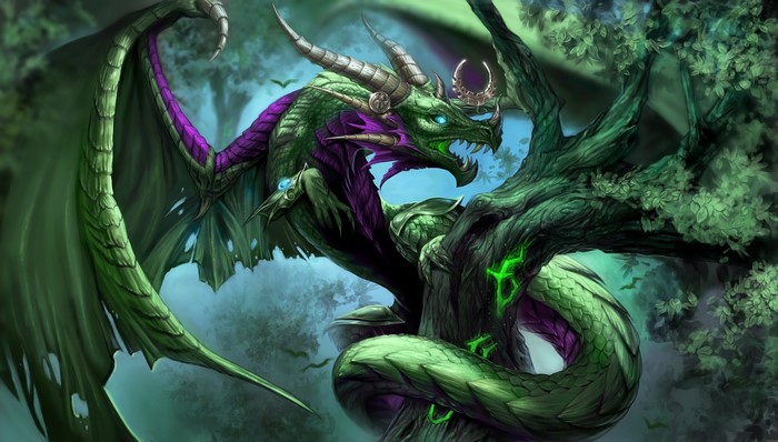 Green dragon with purple accents perched on a tree